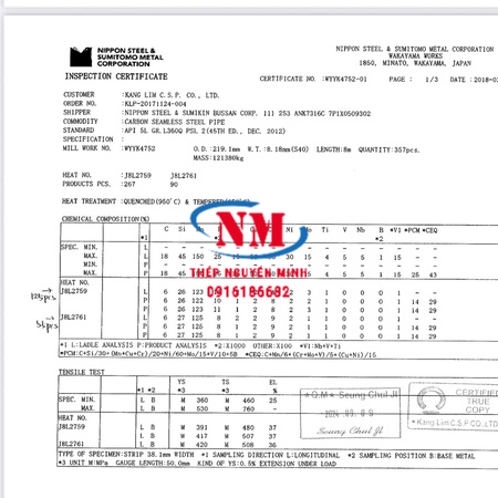 THÉP ỐNG ĐÚC PHI 219 tiêu chuẩn api5l Grade X52 ( api 5l L360Q- giới hạn min 360 mpa)